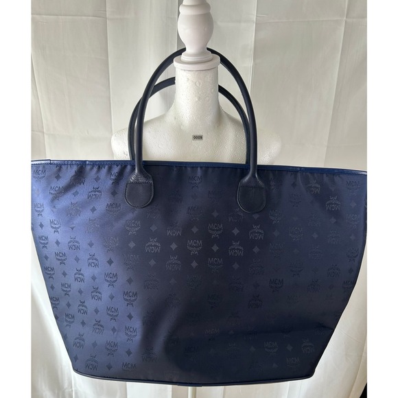 MCM Designer Monogram Tote Navy Blue Large Shoulder Bag Purse - Picture 1 of 9